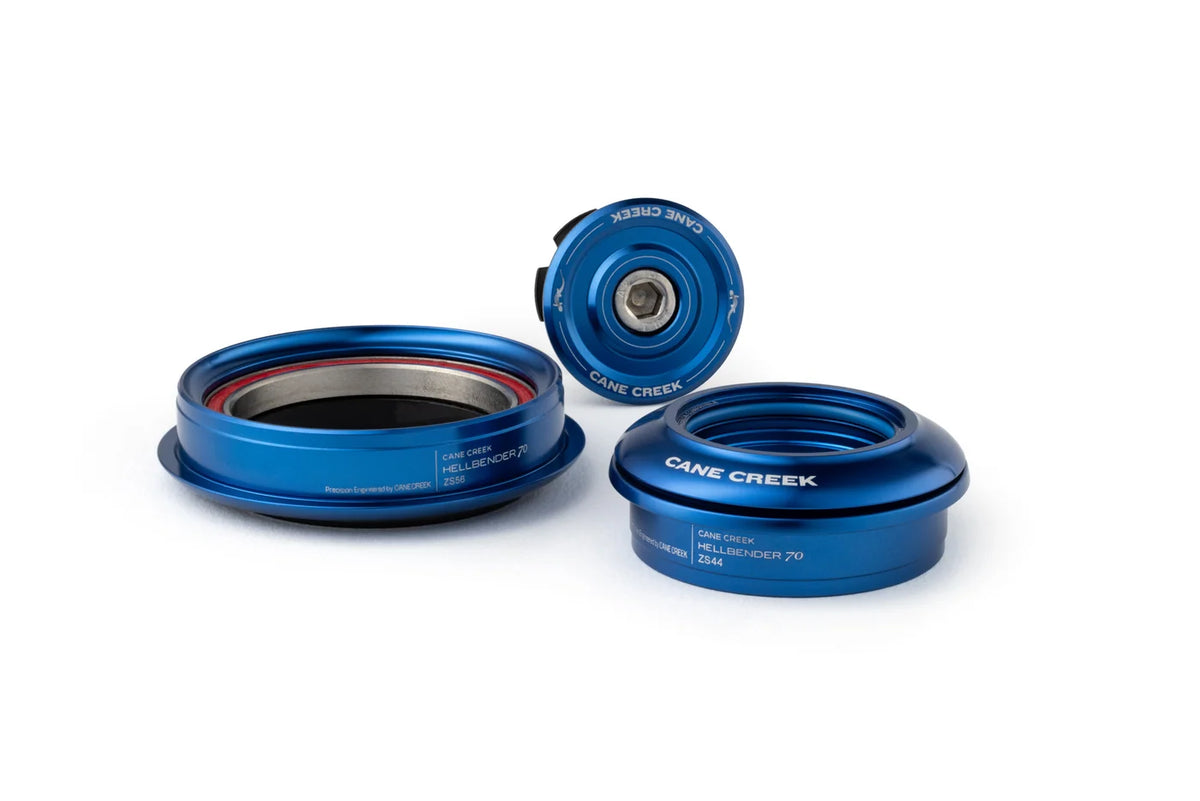 Pusiau integruoti kūginiai vairo kolonėlės guoliai CANE CREEK Hellbender 70 1"1/8–1,5" ZS44/ZS56, mėlyni