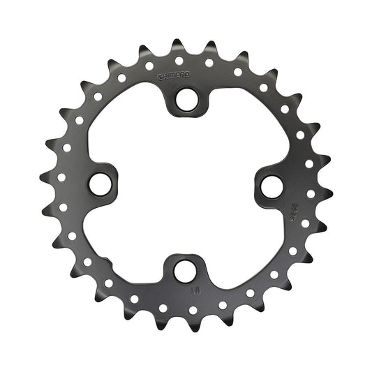 SHIMANO DEORE M615/SLX M675/XT M785 -kampisarjan sisempi eturatas, 10 vaihdetta, 4 pultin kiinnitys, 64 mm — eturatas valkoista taustaa vasten