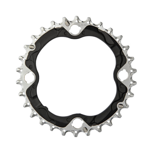SHIMANO SLX M672 / XT M782 -keskieturatas, 10-vaihteinen, nelipulttikiinnitys, 96 mm — eturatas valkoisella taustalla