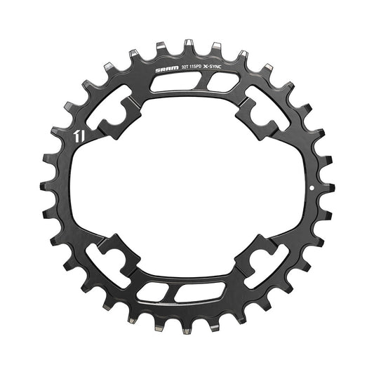 Musta teräksinen SRAM X-SYNC -eturatas, 11-vaihteinen, nelipulttikiinnitys, 94 mm — eturatas valkoisella taustalla