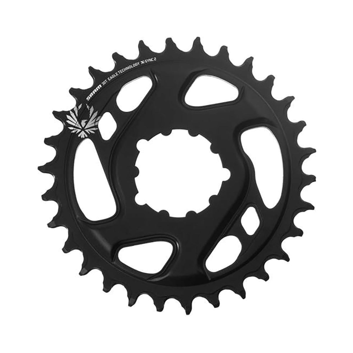 Black forged aluminium SRAM EAGLE X-SYNC 2 single chainring, 12-speed, direct mount, 6 mm offset — chainring on a white background