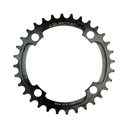 Black BURGTEC THICK THIN narrow-wide single chainring, 9/10/11/12-speed, 4-bolt, 104 mm — chainring on a white background