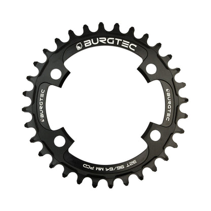 Black BURGTEC THICK THIN narrow-wide single chainring, 9/10/11/12-speed, 4-bolt, 64/96 mm — chainring on a white background