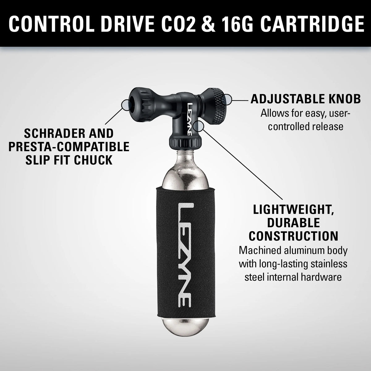 LEZYNE CONTROL DRIVE CO2 pripūtimo galvutė + raudonos spalvos srieginė CO2 kapsulė