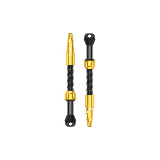2 auksinių LEZYNE CNC PRO 60 mm bekamerių padangų ventilių rinkinys