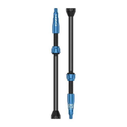 2 mėlynų LEZYNE CNC 80 mm bekamerių padangų ventilių rinkinys
