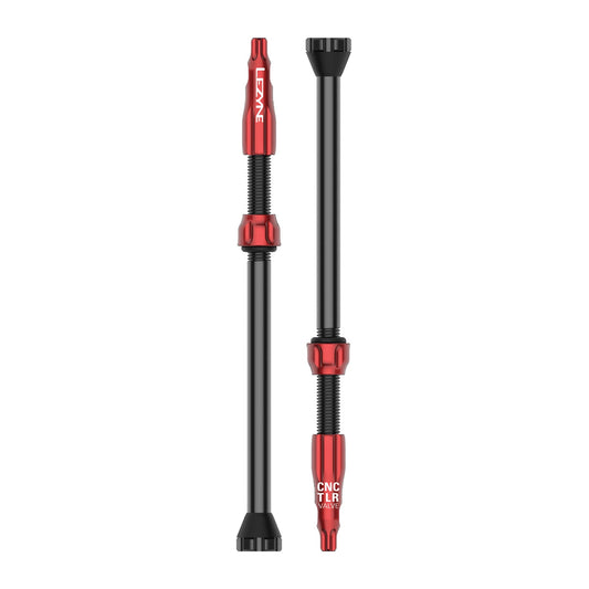 2 raudonų LEZYNE CNC 80 mm bekamerių padangų ventilių rinkinys