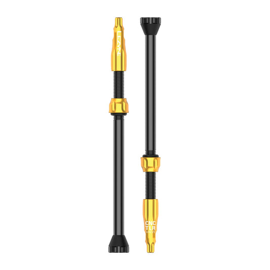 2 auksinių LEZYNE CNC 80 mm bekamerių padangų ventilių rinkinys