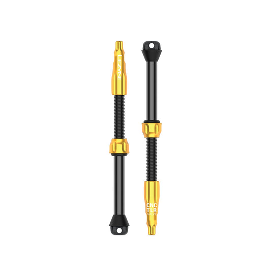 2 auksinių LEZYNE CNC PRO 80 mm bekamerių padangų ventilių rinkinys