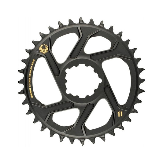 SRAM EAGLE X-SYNC2 -yksittäiseturatas, kapea–leveä hammastus, 12-vaihteinen, suorakiinnitys, 6 mm:n offset, kultainen — eturatas valkoisella taustalla