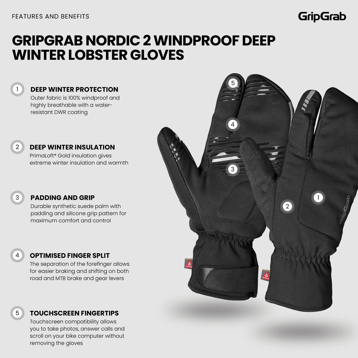 Guanti GRIPGRAB NORDIC 2 ANTIVENTO PER IL FREDDO INTENSO A TRE DITA neri