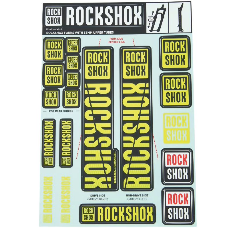 Zestaw żółtych naklejek na widelec ROCKSHOX 35 mm MY18 do PIKE/LYRIK/YARI/DOMAIN/REVELATION #11.4318.003.507