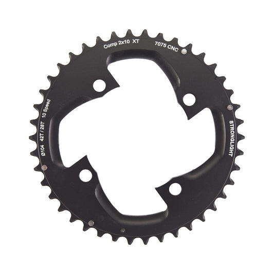 STRONGLIGHT SHIMANO XT M785 -ulompi eturatas, 10-vaihteinen, 4 kiinnitysreikää, 104 mm — eturatas valkoisella taustalla