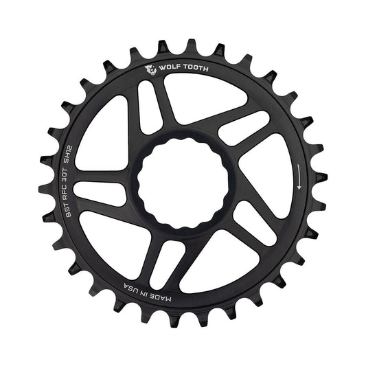 WOLF TOOTH -yksittäiseturatas, Boost, 12-vaihteinen, Raceface CINCH Shimano -suorakiinnitys, 3 mm:n offset, musta — eturatas valkoisella taustalla