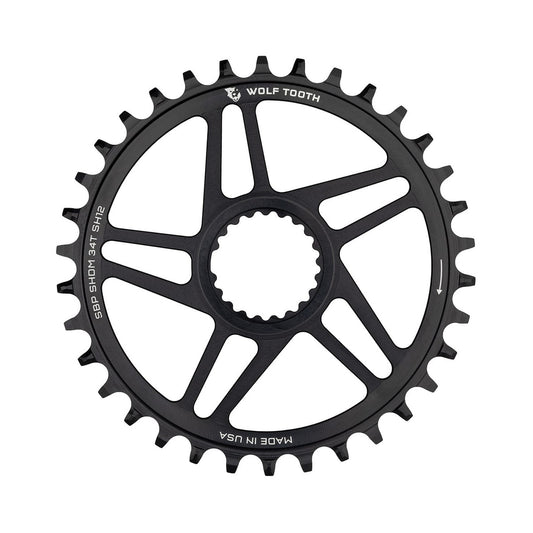 WOLF TOOTH -yksittäiseturatas, Boost, 12-vaihteinen, Shimano-suorakiinnitys, 3 mm:n offset, musta — eturatas valkoisella taustalla