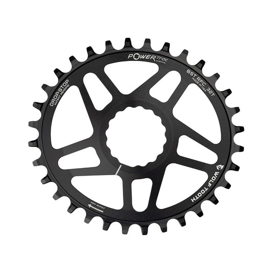 Soikea WOLF TOOTH -yksittäiseturatas, Boost, 12-vaihteinen, Raceface CINCH -suorakiinnitys, 3 mm:n offset, musta — eturatas valkoisella taustalla