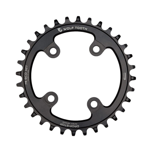 WOLF TOOTH Sram XX1/Specialized STOUT -yksittäiseturatas, 76 BCD, 10/11/12-vaihteinen, 4 kiinnitysreikää, 76 mm, musta — eturatas valkoisella taustalla