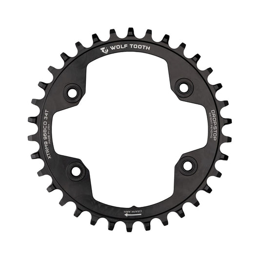 WOLF TOOTH Shimano XTR M9000/M9020 -yksittäiseturatas, 96 BCD, 9/10/11/12-vaihteinen, 4 kiinnitysreikää, 96 mm, musta — eturatas valkoisella taustalla