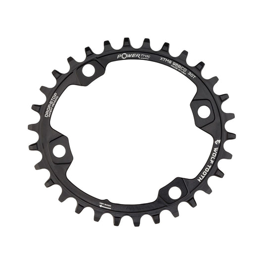 Soikea WOLF TOOTH Shimano XT M8000/SLX M7000 -yksittäiseturatas, 96 BCD, 11-vaihteinen, 4 kiinnitysreikää, 96 mm, musta — eturatas valkoisella taustalla