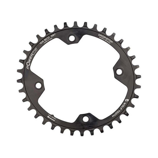 Soikea WOLF TOOTH Shimano -yksittäiseturatas, 104 BCD, 12-vaihteinen, 4 kiinnitysreikää, 104 mm, musta — eturatas valkoisella taustalla