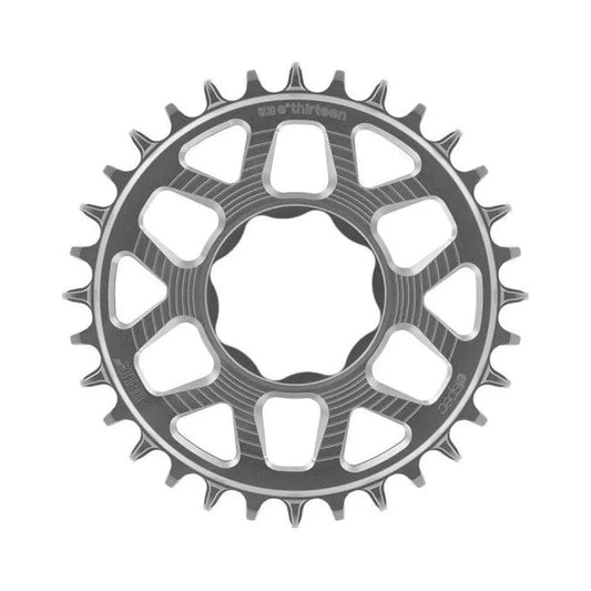 E-THIRTEEN HELIX RACE E-SPEC 1x-eturatas, 11/12-vaihteinen, TQ-suorakiinnitys HPR50, hopeanvärinen — eturatas valkoisella taustalla
