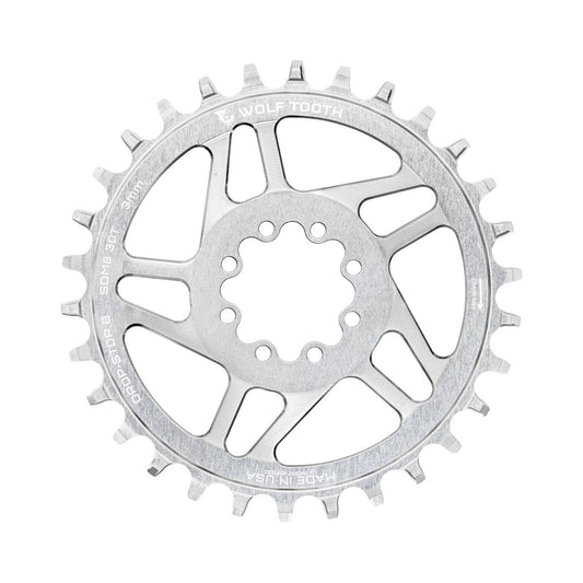 WOLF TOOTH DROP-STOP B 1x-eturatas, DM-kiinnitys 8 ruuvilla, Sram Eagle Boost, 3 mm:n siirtymä, käsittelemätön hopeanvärinen — eturatas valkoisella taustalla