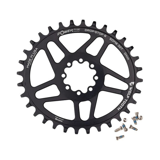 WOLF TOOTH -soikea 1x-eturatas, 12-vaihteinen, SRAM-suorakiinnitys 8 ruuvilla, 3 mm:n siirtymä — eturatas valkoisella taustalla