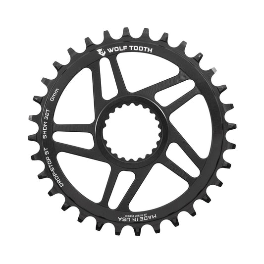 WOLF TOOTH 1x-eturatas, 12-vaihteinen, SHIMANO-suorakiinnitys, 0 mm:n siirtymä — eturatas valkoisella taustalla