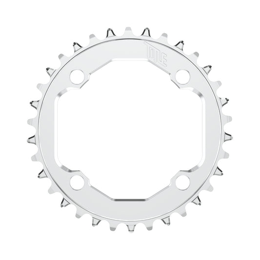 TITLE CR1-E -eturatas, 10/111/2-vaihteinen, vakiomalli, pulttijako 104 mm, krominvärinen — eturatas valkoisella taustalla