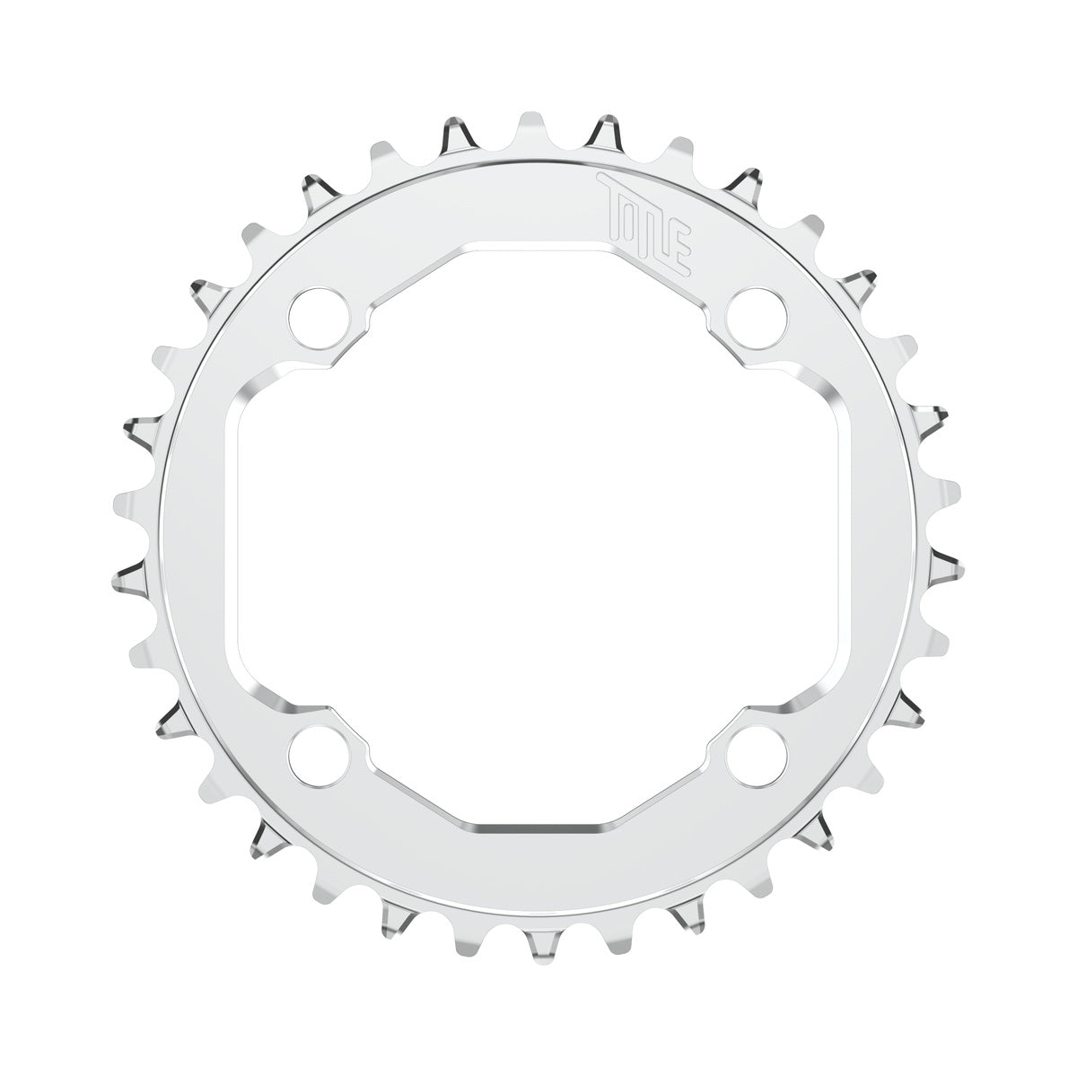 TITLE CR1-E 12-speed kettingblad voor Shimano, 104 BCD, chroom — kettingblad tegen een witte achtergrond