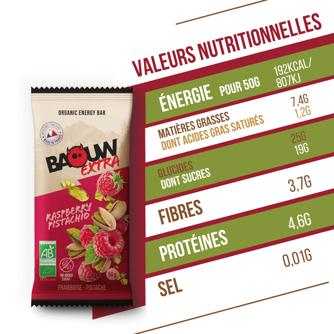 Energibar BAOUW BIO EXTRA Hindbær-Pistacie (50g)