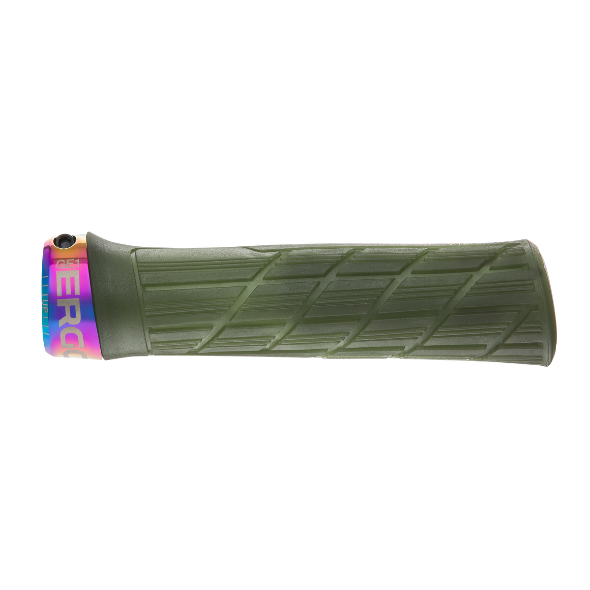 Gripy ERGON GE1 EVO Factory v barvě Frozen Moss s objímkami v provedení Oil Slick – detail