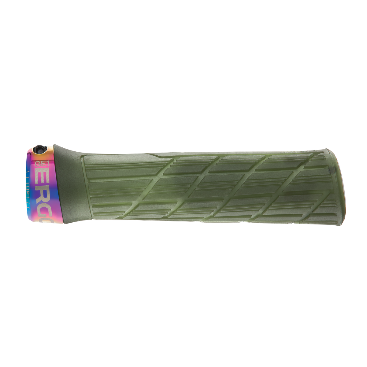 Gripy ERGON GE1 EVO Factory Slim v barvě Frozen Moss s objímkami v provedení Oil Slick – detail