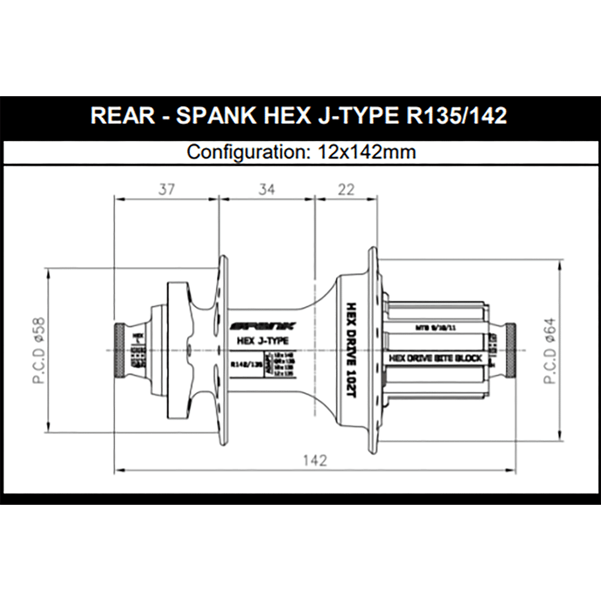 Achternas SPANK HEX DRIVE 102T 12x135/142 mm