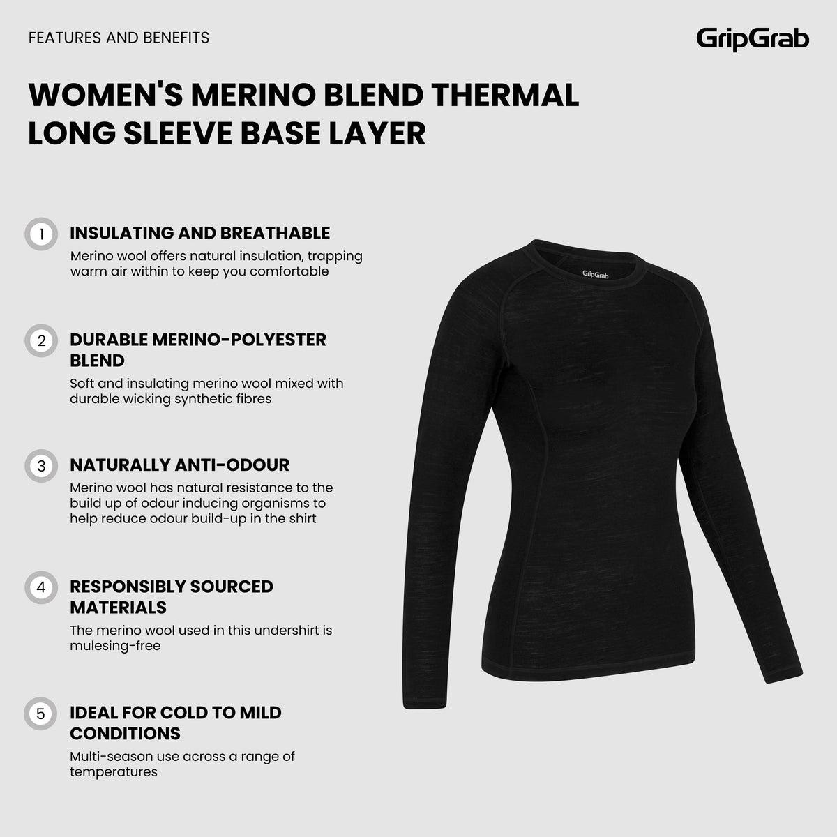 Damen-Langarm-Funktionsunterhemd GRIPGRAB MERINO BLEND THERMAL Schwarz