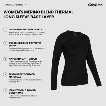 Crna ženska termo potkošulja dugih rukava GRIPGRAB od mješavine merino vune