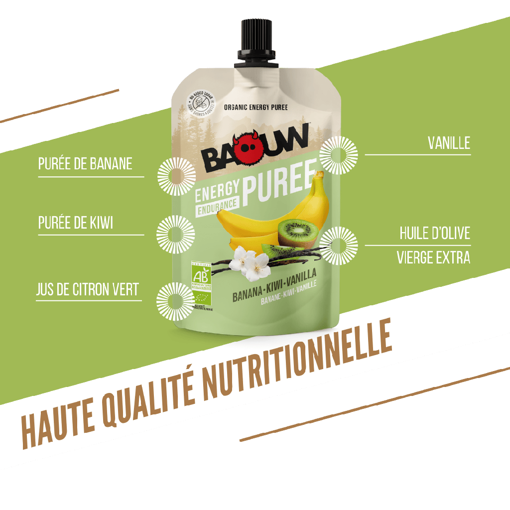 Energetické pyré BAOUW Bio recept s ovocem Banán/Kiwi/Vanilka (90 g)