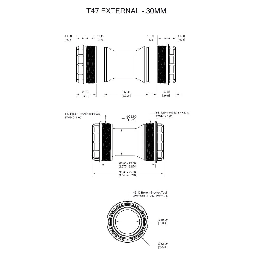 WOLFTOOTH T47 External 30mm Raw Silver Bottom Bracket Shell