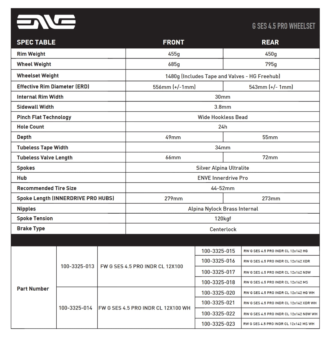 Roue Arrière ENVE G SES 4.5 PRO Tubeless Ready (Center Lock) Noir/Blanc