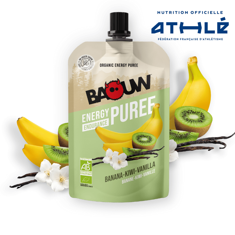 Energetické pyré BAOUW Bio recept s ovocem Banán/Kiwi/Vanilka (90 g)
