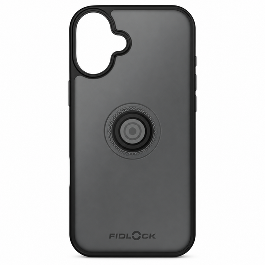 Black FIDLOCK VACUUM case for iPhone 16+ — product on a white background