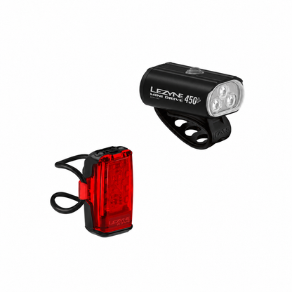 Predné a zadné svetlo LEZYNE MINI DRIVE 450+ / KTV+ DRIVE — pohľad na produkt na bielom pozadí