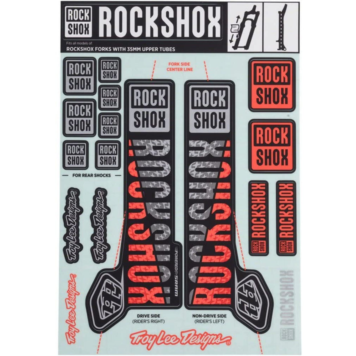 RockShox Troy Lee Designs 35 mm MY18 -etuhaarukan tarrasarja Pike/Lyrik/Yari/Domain/Revelation-malleihin, hopea/oranssi #00.4318.021.001