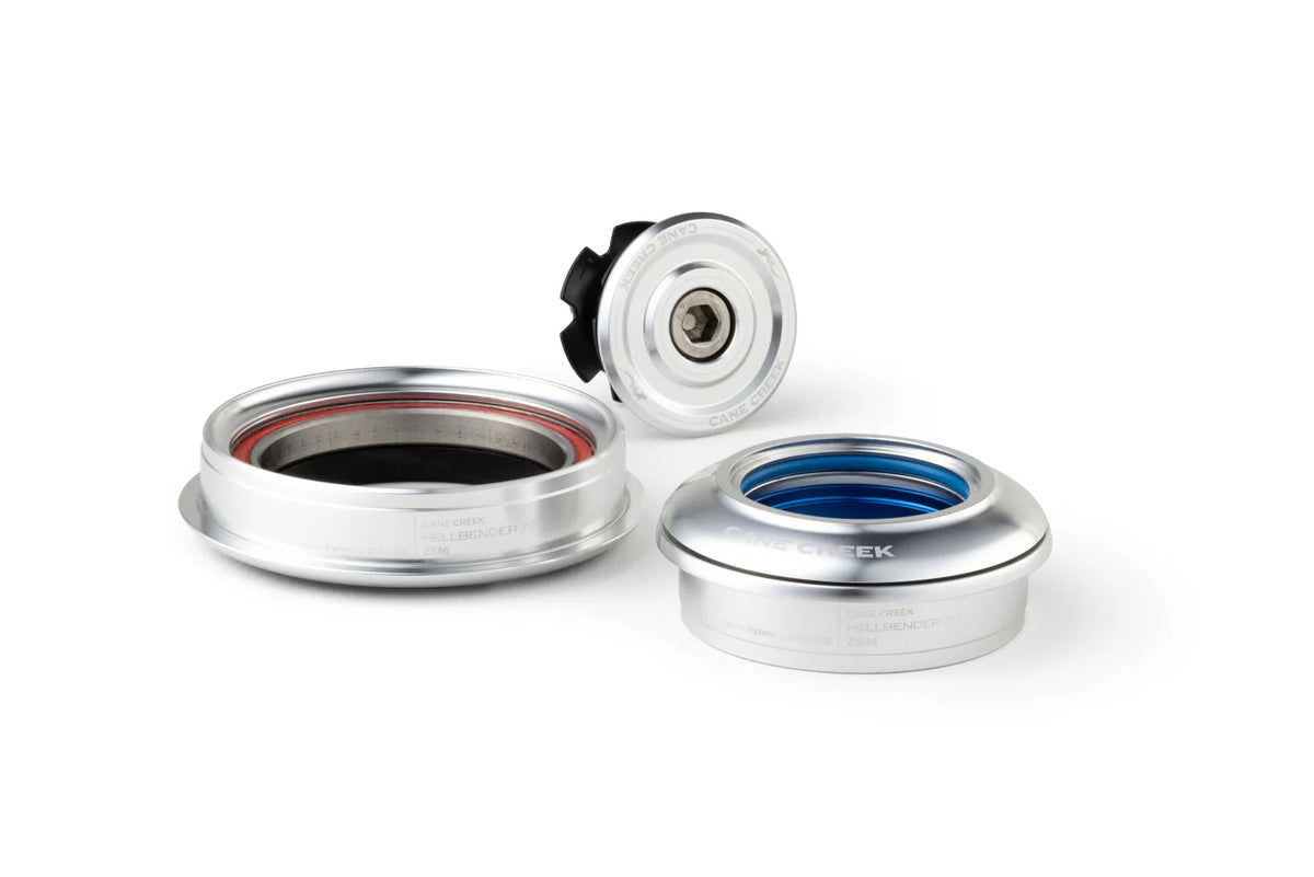 Pusiau integruoti kūginiai vairo kolonėlės guoliai CANE CREEK Hellbender 70 1"1/8–1,5" ZS44/ZS56, sidabriniai
